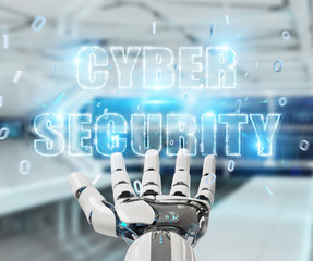 White humanoid hand using cyber security text hologram 3D rendering