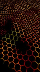 Honeycomb wave effect on a red yellow background. Perspective view on polygon look like honeycomb. Isometric geometry. Vertical image orientation. 3D illustration