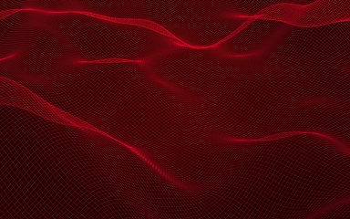 Abstract landscape on a red background. Cyberspace grid. Hi-tech network. 3D illustration