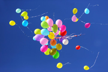 many multicolored balloons flying in the blue sky