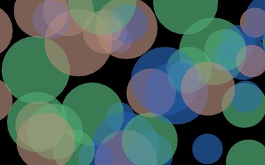 Multicolored translucent circles on a dark background. Green tones. 3D illustration