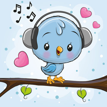 Cute Bird with headphones on a branch
