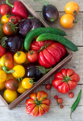 Fresh vegetables on a wooden surface. Tomatoes, peppers, cucumbers and eggplants. Rustic style.