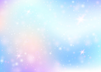 Magic background with rainbow mesh. Cute universe banner in princess colors. Fantasy gradient backdrop with hologram. Holographic magic background with fairy sparkles, stars and blurs.