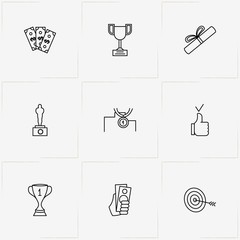 Success line icon set with money, trophy and diploma