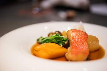 Japanese dish of fish in a plate, Tokyo, Japan. With selective focus.