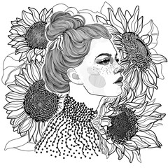 vector black and white coloring ornament face of beautiful girl in profile, on her head hairstyle bunch, on background of large ripe sunflowers with seeds - 212777578