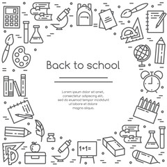 School banner with studying equipment in line art - various elements for study and education process.