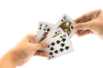 Hand of man is holding spade straigt flush isolated