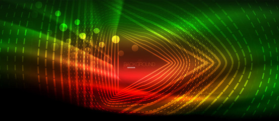 Fototapeta na wymiar Neon glowing wave, magic energy and light motion background. Wallpaper template, hi-tech future concept