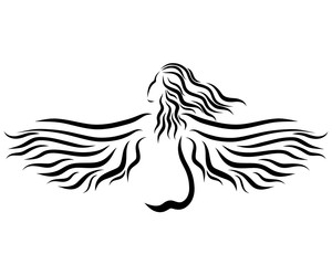 Slender winged lady with long hair, beauty and health