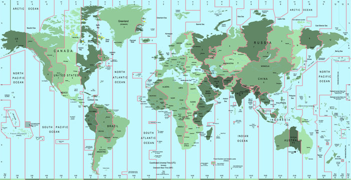 World Map With Time Zone And Country Name Template Design Vector