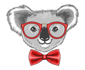 Hand drawn illustration of koala bear in glasses and a bow tie