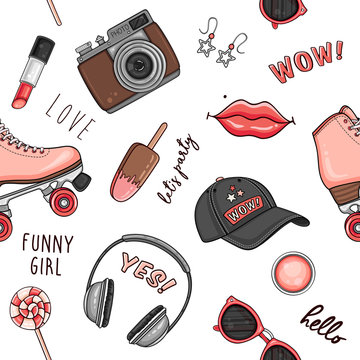 Comic seamless pattern with ice cream, roller skates, cap, photo camera, headphones, hashtags