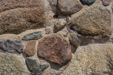 the wall of an old building lined with stones