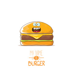 vector cartoon cute burger character with cheese, meat and salad icon isolated on white background. my name is burger vector concept illustration