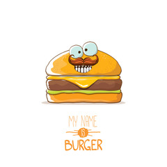 vector cartoon cute burger character with cheese, meat and salad icon isolated on white background. my name is burger vector concept illustration