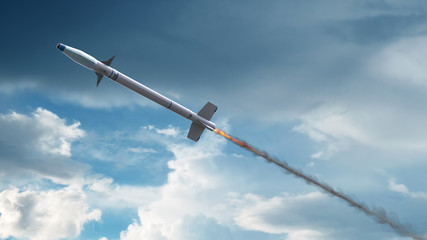 Military Missile Flying with sky background. 3d illustration