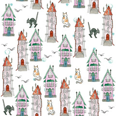 Seamless pattern with watercolor houses. Old city, streets, village. on a bright white background with cats