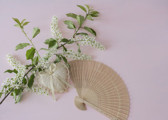 branch of white bird cherry, fan and heart on a pink background