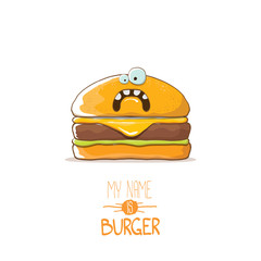 vector cartoon cute burger character with cheese, meat and salad icon isolated on white background. my name is burger vector concept illustration