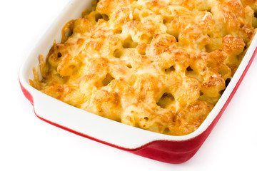 Typical American macaroni and cheese isolated on white background

