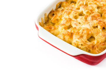 Typical American macaroni and cheese isolated on white background

