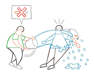 Vector cartoon man throw water with bucket to smoker and say no smoking cigarette here