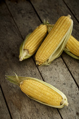 Fresh sweet corn on wooden table