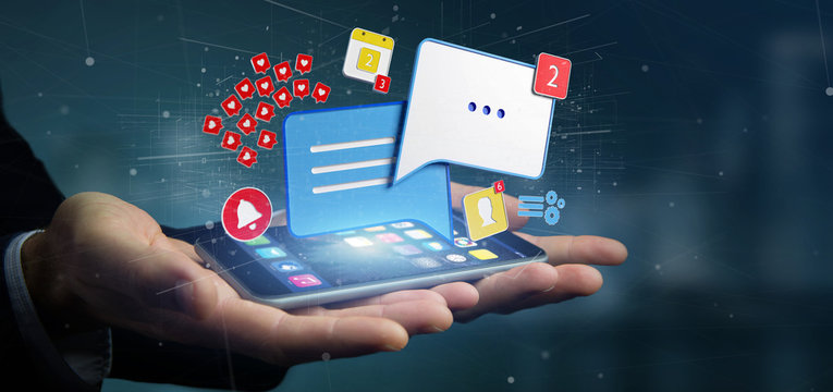 Businessman holding message and notifications of social media 3d rendering