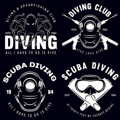 Set of Scuba diving club and diving school badges with design elements. Vector illustration. Concept for shirt or logo, print, stamp or tee. Vintage typography design.