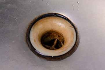 Dirty drain in the sink water wash steel domestic