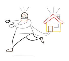 Vector cartoon thief man with face masked running away from house