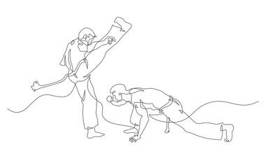 Two capoeira fighters playing. Contour Isolated on white. Vector illustration