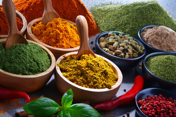 Variety of spices on kitchen table