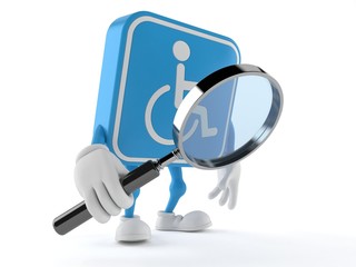 Handicapped character looking through magnifying glass