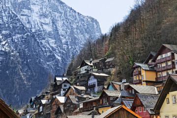 Scenic panoramic picture-postcard view of famous Hallstatt mountain village with Hallstatter Lake in the Alps, Austria, Salzkammergut