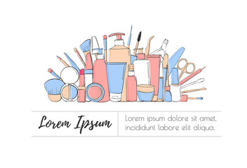 Beauty blog or makeup store hat. Pastel blue and pink layout. Advertising design template with space for text. Beauty salon and make up. Drawing hands. Trendy style