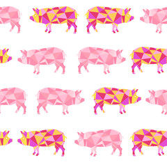 Stylized polygonal pig vector background. Pig seamless pattern. Background of animals. 