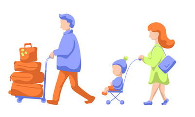 Traveling family with child and luggage trolley, modern flat vector illustration. Family leaving to summer vacation.
