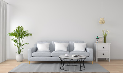 grey sofa and lamp in white living room, 3D rendering