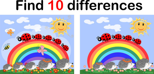 Find the differences between the pictures. Children's educational game. A hedgehog artist on a clearing with a rainbow draws on an easel