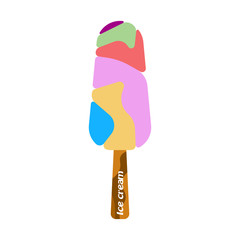 Ice cream with different flavors on a wooden stick. Vector illustration on white background