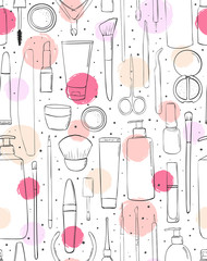 Cosmetics and makeup. Seamless pattern. Fashion style. Background for beauty salon. Sketch or stroke, drawing by hand
