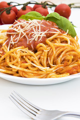 spaghetti bolognese with tomato sauce, cheese and basil