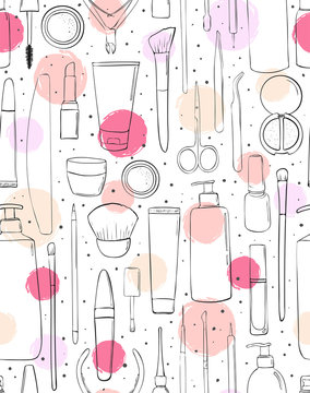 Cosmetics and makeup. Seamless pattern. Fashion style. Background for beauty salon. Sketch or stroke, drawing by hand
