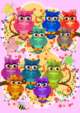 Three cute colorful cartoon owls sitting on tree branch with flowers. Funny sticker of birds on white background.