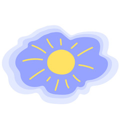 Yellow sun on blue sky. Sunny weather freehand vector icon. Childish sun spf protection logo.