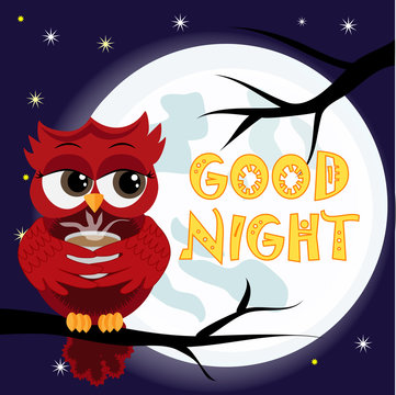 Cute cartoon owl coquettish red with a cup of coffee sitting dormant on the crescent against the night sky with stars