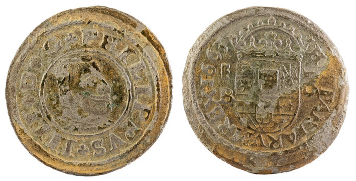 Ancient Spanish copper coin of King Felipe IV. 1663. Coined in Segovia. !6 Maravedis.